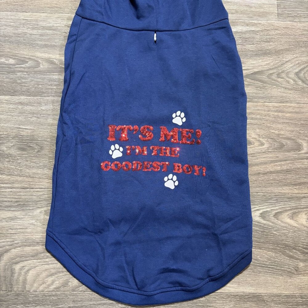 NEW Jolly Knits Navy Dog Hoodie XXL Its Me Im The Goodest Boy Red Sequin Print
